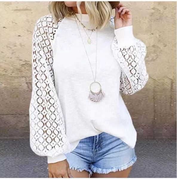 

white elegant pullovers women autumn winter vintage hollow out o neck solid lace long sleeve casual t-shirt female s-xxl women's