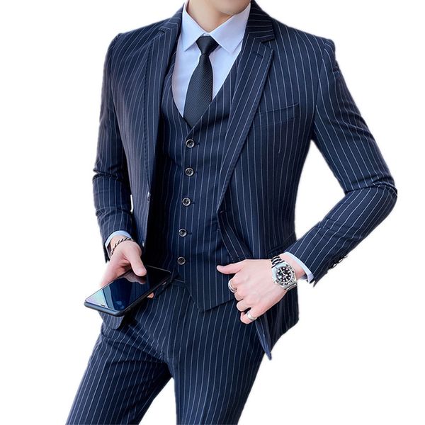 

2021 men slim fit business casual stripe 3 pieces set male formal groom wedding suit jacket vest pants trousers, White;black