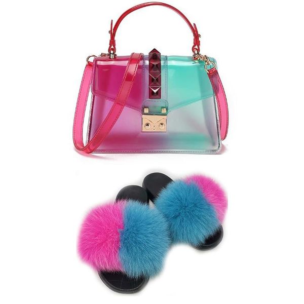 

2021women shoes real fur slides and jelly purses furry slippers with transparent bag match extra fluffy sandals handbags, Black