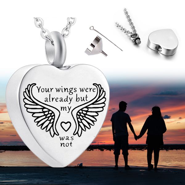 

angel wings cremation jewelry urn necklace stainless steel heart-shaped pendant jewelry man/woman necklace keepsake gift-four-piece set, Silver