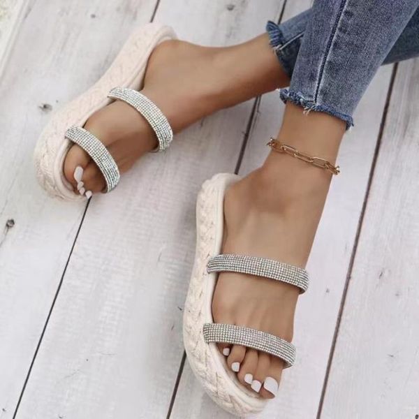 

slippers fashion crystal woman's sandals 2021 platform flip flops women shoes with rope woven thick sole slipper heel, Black