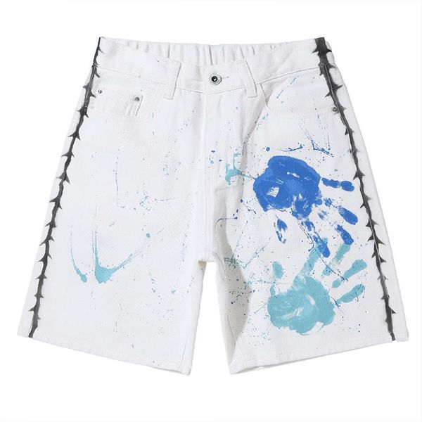 

men's jeans 2021 summer loose casual denim shorts trendy fashion brand five-point pants hand-painted printing straight thin, Blue