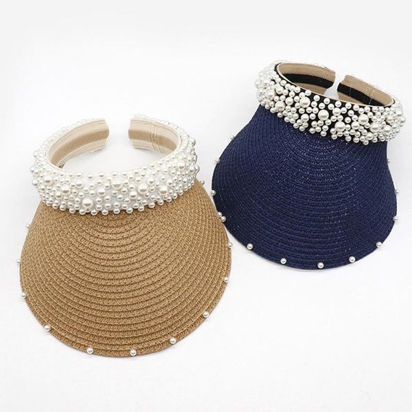 

wide brim hats ladies empty visor cap women sunscreen women's pearl headband hairpin hat sunshade woven hollow sunhat, Blue;gray