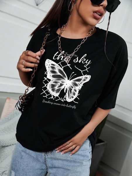 

butterfly & slogan print round neck tee u526#, White