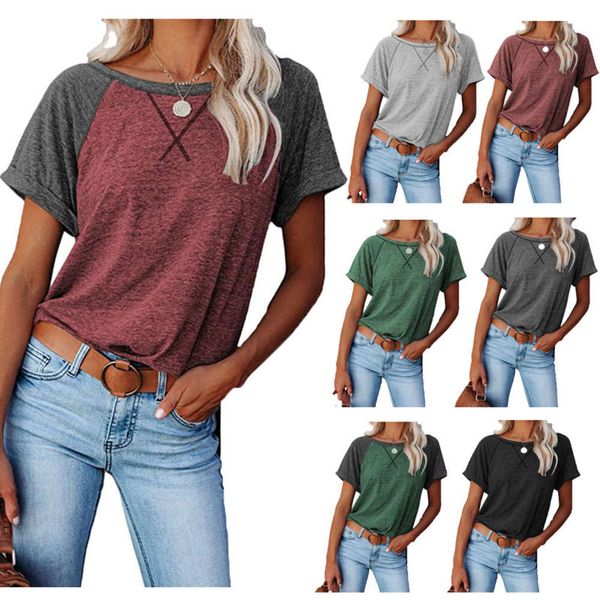 

2021 women's color matching cross loose short sleeve casual t-shirt, Black;gray