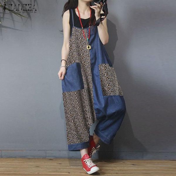 

women's jumpsuits & rompers kaftan drop crotch overalls strap zanzea 2021 summer patchwork leopard print female playsuits pants, Black;white