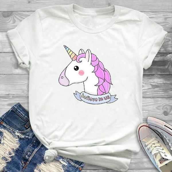 

unicorn believe printed women short sleeve loose tee clothes graphic, White
