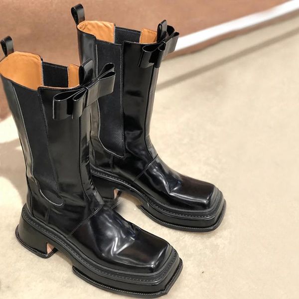 

boots 2021 s butterfly knot woman mid calf shoes platform botas mujer square toe zapatos de fashion chunky heels, Black