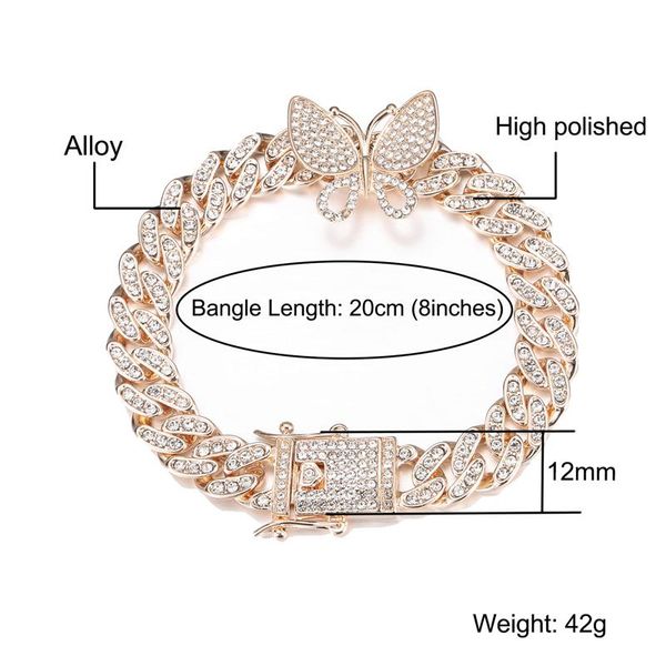 

link, chain hip hop 12mm bling iced out pink butterfly cuban full crystal pave men's bracelet for men women jewelry, Black