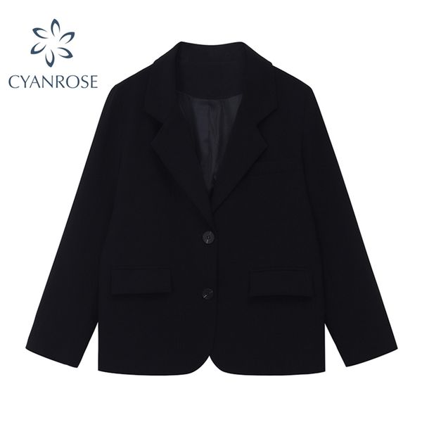 

black blazer jacket coat for women notched collar basic single breasted elegant outwear lady fashion loose vintage overcoat 210430, White;black