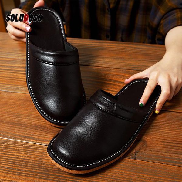 

slippers pu leather home shoes men indoor 2021 spring classic man, Black