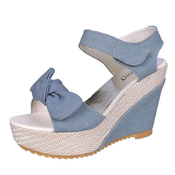 

summer women sandals casual rope denim bow open toe wedge solid ladies beach shoes fashion footsteps, Black