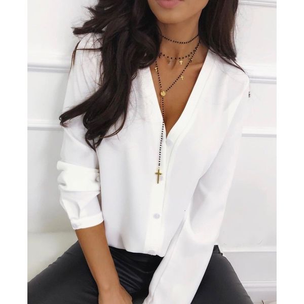 

women's knits & tees casual v neck women and blouse ladies long sleeve button office shirts female solid autumn blusas mujer, White