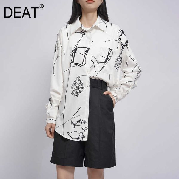 

[deat] spring summer fashion shirt loose long sleeve single-breasted turn-down collar printing blouse women 13q349 210527, White