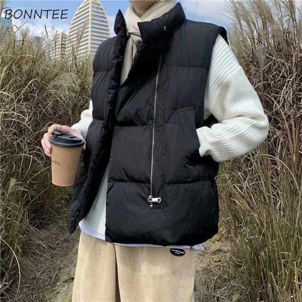 

vests men warm winter sleeveless coats turtleneck solid pocket zipper chic males outwear waistcoat all-match students leisure men's, Black;white