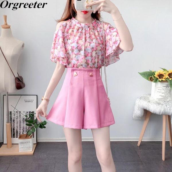 

women's tracksuits sweet pink flare short sleeve floral print chiffon shirt two piece set women blouse with high waist pleated wide -le, Gray