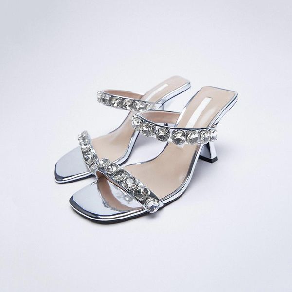 

slippers casual shoes woman 2021 heeled mules pantofle string bead black sandals glitter slides luxury high silver summer be