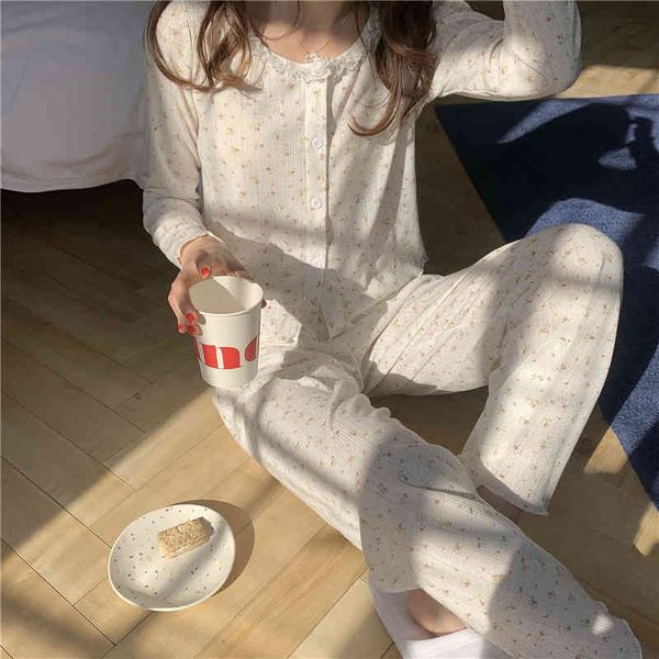 

sleepwear o-neck ruffle sleepwear spring floral printed women home chic comfortable loose cotton fashion pajamas suits, Black;red