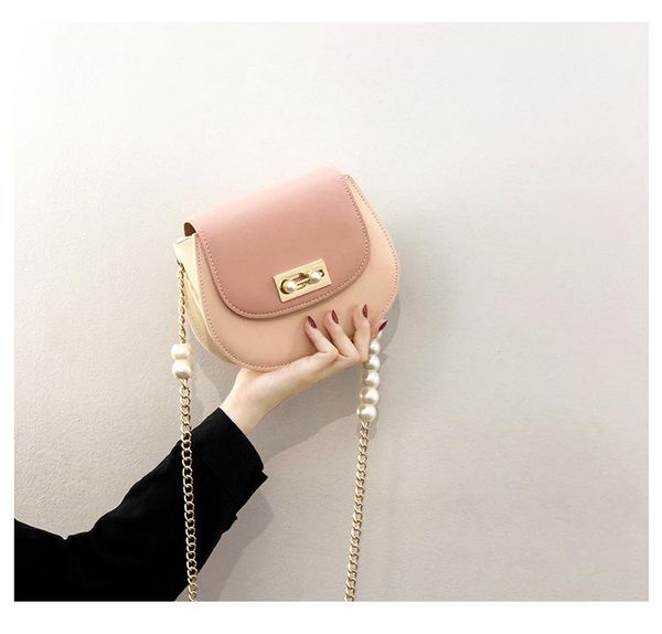 

shoulder bags korean bag fashion quality pu women messenger cute mini pink pearl chain saddle simple female crossbody