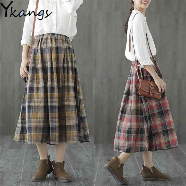 

cotton a line pleated plaid skirt mid calf women vintage long office lady elastic high waist girls s autumn 210421, Black