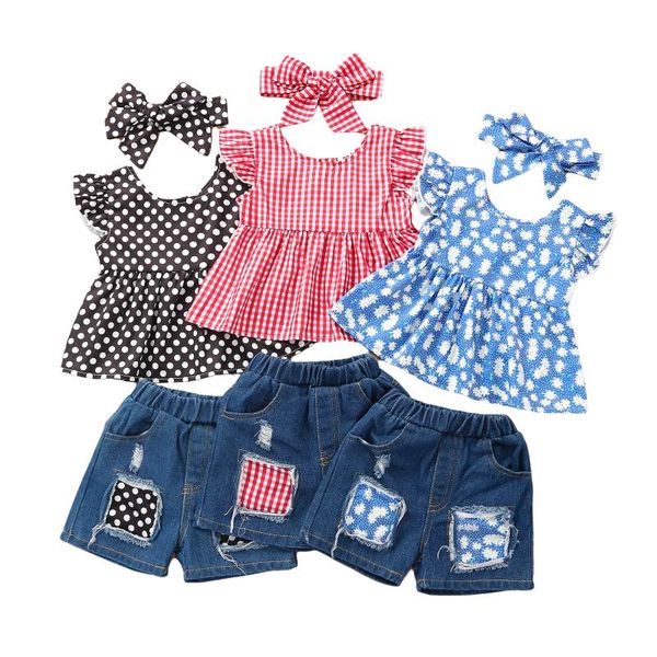 

three piece children kids girls outfits print short sleeve patchwork denim shorts headband infant toddler summer sets 9m-6t clothing, White