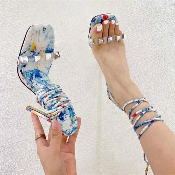 

dress shoes beautiful mixed colors printed sandals high heel women summer rivet ornament lace sandal, Black