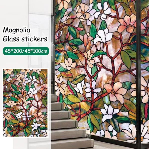 

window stickers film magnolia pattern static cling stained opaque privacy protective self-adhesive home decor glass