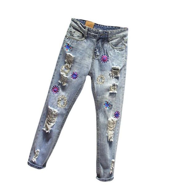 

women's jeans donsignet fashion embroidery holes are thin and loose feminino woman high waist ripped pants, Blue
