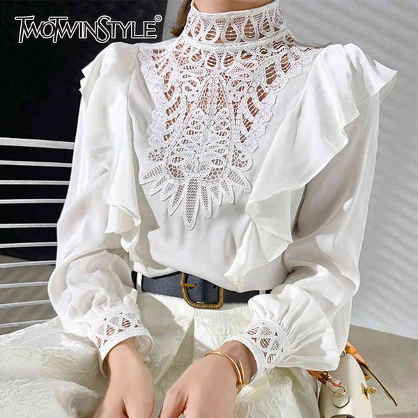 

white hollow out embroidery shirt for women turtleneck long sleeve patchwork ruffle blouse female fashion new 210428