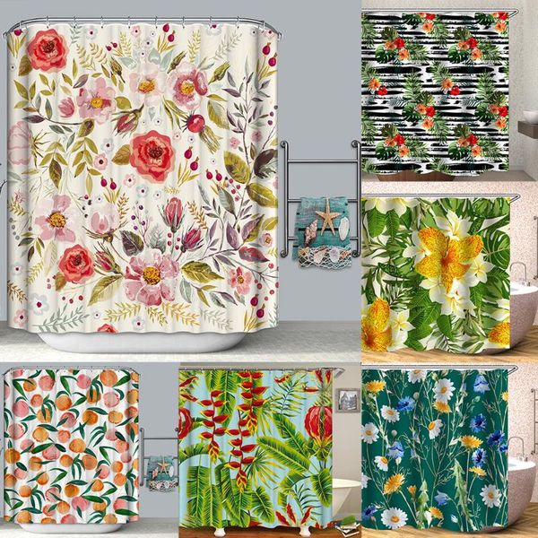 

shower curtains spring pink blossom flowers green leaves with hooks bathroom bathtub polyester waterproof fabric bath
