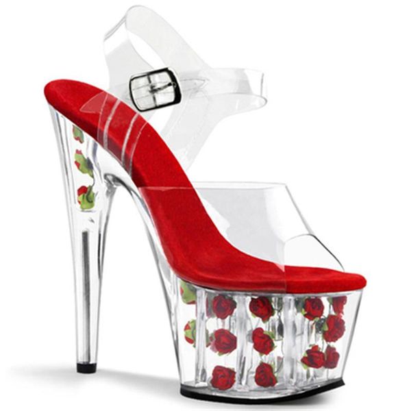 

inches thick heel, transparent platform crystal shoes, fashionable romantic rose wedding 20 cm high heel sandal sandals, Black