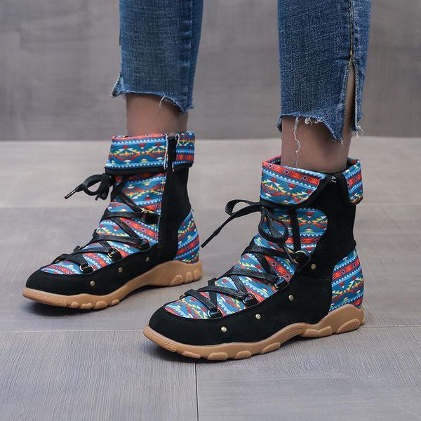 

boots winter women's low-heeled flat with warm lace-up ankle for outdoor large size waterproof snow, Black