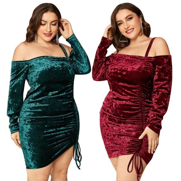 

casual dresses women luxury clothing 2022 arrivals pleuche charming slash neck drawstring bodycon shirring solid color club dress, Black;gray