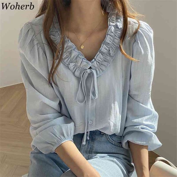 

ruffle v-neck shirts women patchwork korean chic long sleeve blouse female casual loose blusas mujer summer 210519, White