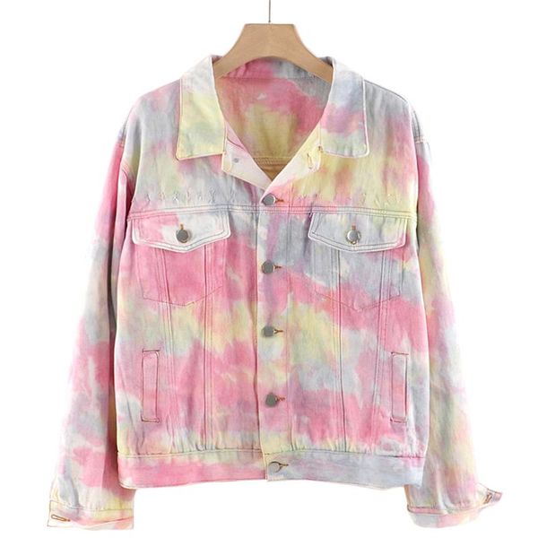 

harajuku women tie-dye denim jacket pocket lapel long sleeve fashion jeans streetwear loose coat female 2021 women's jackets, Black;brown