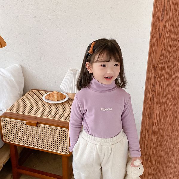 

winter girls cute letters printing thicken high collar base soft long-sleeved casual t shirts 210508, Blue