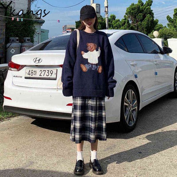 

autumn winter warm 2pcs suit women loose knitted cartoons oversize sweater+vintage plaid pleated skirt harajuku streetwear 211119, White