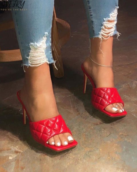 

slippers 2021 spring/summer women pu banquet wild leather sandals diamond check wine glass with outdoor casual, Black