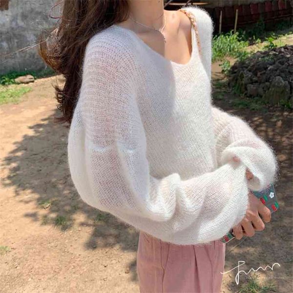 

spring autumn women's sweater korean stylethin section pure color v-neck long sleeve loose casual female ll449 210506, White;black