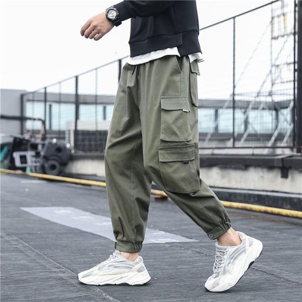 

men's pants hybskr multi pocket japanese style loose cargo solid color joggers overalls fashion casual male trousers streetwear, Black