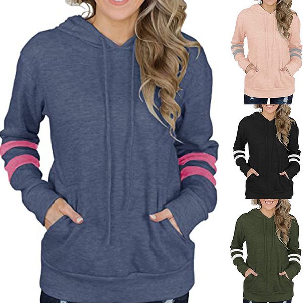 

aw2021 new women's contrast striped hoodie loose kangaroo pocket sweater, Blue;black