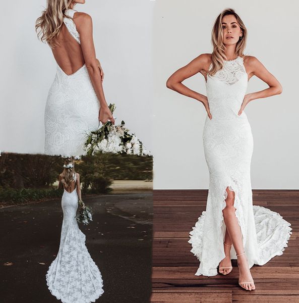 Spitze Boho Meerjungfrau Hochzeitskleid für Frauen Braut 2021 Sommer Herbst Sexy rückenfreie böhmische Brautkleider Hochzeitskleider Strand lange Vestido De Noiva