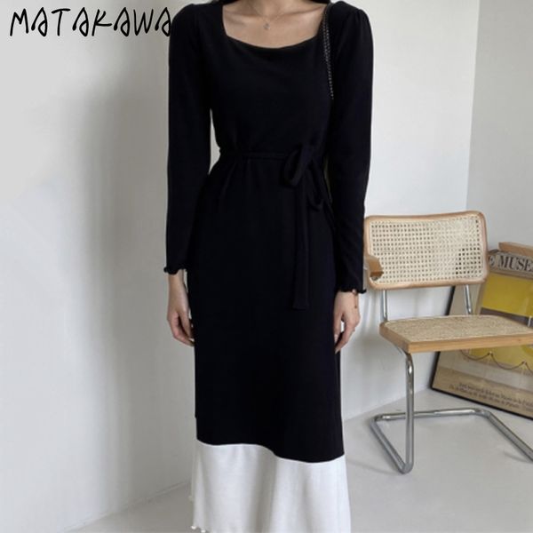 

hem stitching long black patchwork dress korean chic french retro femme robe slim square neck tie waist dresses 210506, Black;gray