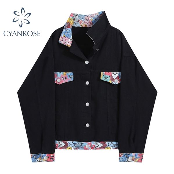 

women's streetwear black coat chic print spliced fashion cardigan jacket female long sleeve harajuku oversized bf outerwear 210430, Black;brown