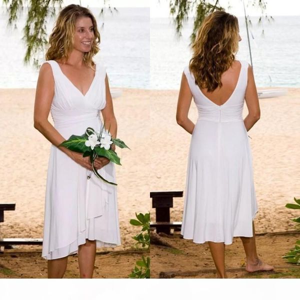 Vestidos de noiva de praia simples de verão vestido de noiva de verão curto v pescoço chiffon joelho tiras de joelho mais tamanho personalizado vestido de novia 403 estido estido estido estido