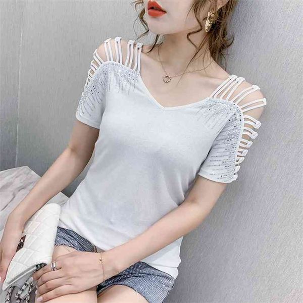 

women's summer t-shirt strapless half-sleeved korean diamond fashion short-sleeved wild tees female pl005 210506, White