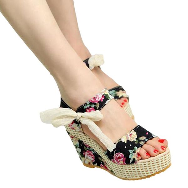 

shoes women summer sweet flowers buckle open toe wedge sandals floral high-heeled platform, Black