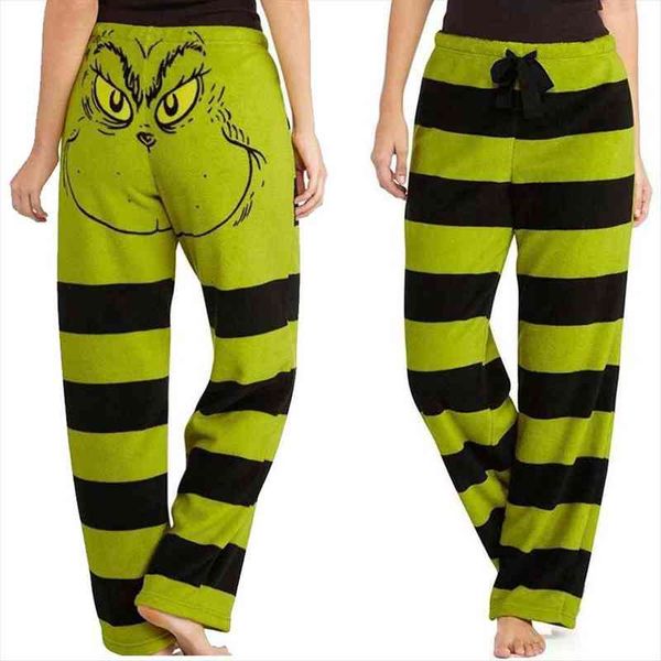 

comfy stretch christmas long women pant wide leg lounge funny grinch face graphic pajama striped casual trouser, Black;white