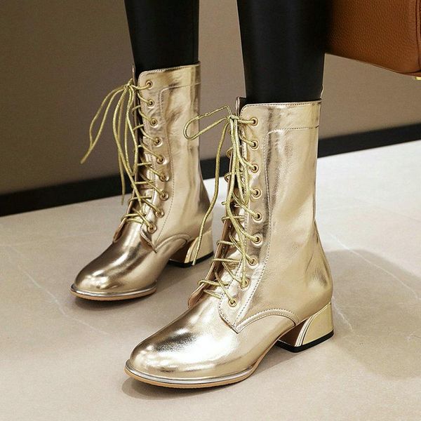 

boots four seasons gold silver women shoes shaped heel ladies metal microfiber lace up ankle, Black