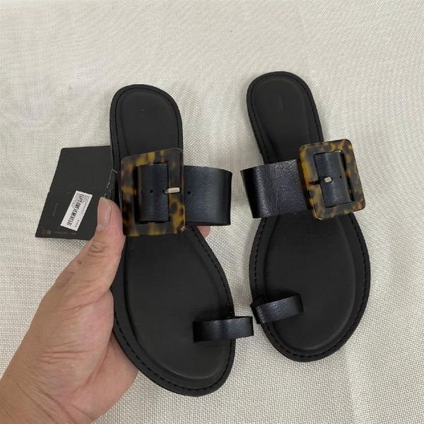 

retro buckle flat bottom women shoes plus size comfort pu leather fashion female slippers solid woman outside slides, Black